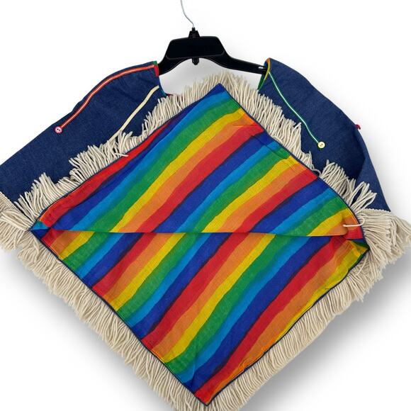 Vintage 70s Three Squares Fringe Button Rainbow Lined Denim Jean Poncho - Picture 6 of 8